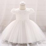 Ivory Baby Christening Dress Short Sleeve Lace Beaded Girls Gown & FREE Headband