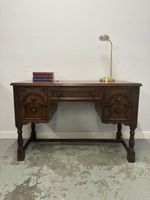 Vintage Oak Writing Desk Carved Panel Pedestal Desk with Leather Top