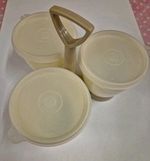 Vintage Tupperware CONDIMENT CADDY (X3) AND LIDS ALMOND / WHITE CARRIER