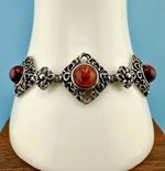Vintage Sterling Silver Amber Bracelet Diamond Shape Filigree Floral Link Signed