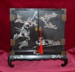 Antique Oriental Black Lacque & Mother of Pearl Table top Cabinet & Stand