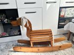 Vintage Handmade 1960 Folk Art Pine Naive Mop Dog Barrel Rocking Horse Toy