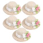 5pcs Miniature Doll Hats - 2.2" Hand-Woven Straw Hats with Rose & Lace for