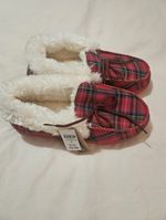  Red & White Plaid Faux Fur Lined Moccasin Slippers