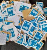 Approx 300 x 2nd CLASS LARGE BLUE CLOSER CUT NON SECURITY STAMPS ON PAPER