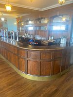 Old English solid Oak round ended Wooden Bar complete back and front as seen