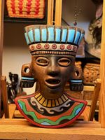 Rare Aztec Mayan Style Painted Ceramic Wall Mask Tribal Face Plaque Decor