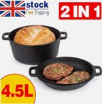 2 In 1 Cast Iron Dutch Oven Skillet 10" Cooker Pot for BBQ &Cooking & Frying Pan