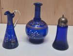 Cobalt Blue Glass Jug & Bottle With A Shaker Vintage Decorative
