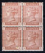 GB Quen Victoria 1880 1d. Venetian Red BLOCK Wmk Crown SG 166 (Spec K3) MNH