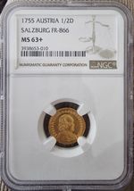 SINGLE FINEST NGC GRADED MS 63+ 1755 AUSTRIA 1/2 D DUCAT SALZBURG FR-866