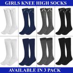 Ladies Girls Knee High Socks Long Length Soft Cotton Solid Colour 3 Pairs 