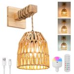 Rattan Boho Wall Light Wooden Sconces Wall Lamps Dimmable Bulb Bedroom Battery