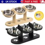 Cat Dog Food Feeding Stand Station Stainless Three Raised Bowls Wooden Holder
