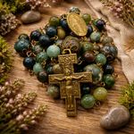 Handmade in Scotland Moss Agate Green Catholic Rosary Francis of Assisi Cross