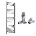 Reina Capo Flat Chrome Bathroom Heated Towel Rail 1200 x 400 and DF TRV Valves