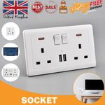 20/10x Double Wall Plug Socket 2 Gang 13A 2 Charger USB Ports Outlets Flat Plate