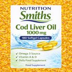 OMEGA 3 Fish Oil 1000mg - 180 Capsules - Cod Liver Oil Soft Gel - DHA & EPA