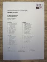 England U21 v Norway U21s team sheet, St Mary's Stadium Southampton, 5 June 2011