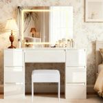 White Dressing Table High Gloss Vanity Makeup Desk 7 Drawers& Stool& LED Mirror