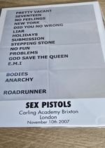 Sex Pistols, Brixton Academy, November 2007 Setlist, Punk. A4 size. 