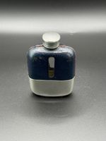 Antique Hip Flask Glass & Silver Plate Blue Leather Cover Made in England Vintag