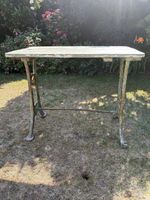 Reclaimed Antique Cast Iron Industrial Table with wood brass hinge top by WJH&Co