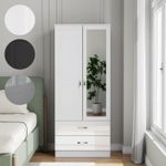 Wooden 2 Door Wardrobe with Mirror 2 Drawers Wardrobe Bedroom Storage Furniture