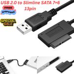 USB 2.0 to Slimline SATA 7+6 13pin Rom Optical Drive Adapter Cable Laptop DVD CD