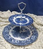 Blue Transferware 2-Tier Enoch Wedgwood Woodland Tea Dessert Tray Vintage