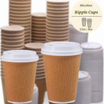 Disposable Coffee Cups Paper Kraft Ripple Cups & Lids Hot Drinks Triple Layer