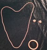 Vintage Set Bronze / Coral Bead Necklace & Bangle & Cluster Earrings Japan