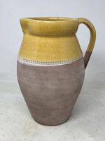 Portugal Made, Handled Pot W/Yellow Glazed Upper Section & Matte Brown Base