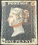 GB QV Stamp 1840 SG2 1d black, plate 6 "QE", 3-4 margins, red MX, SG RRP £425