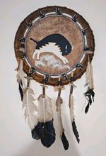 Native American Navajo Buffalo Hide Shield Feathers Carla Vasquez COA 14"