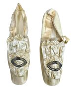 Antique Circa 1860s Ivory Silk Wedding Shoes Steel Buckles Ruffled Ornamentation