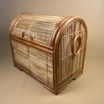 Antique Domed Rectangle Trunk Basket Woven Wicker Bamboo Storage Wooden Vintage