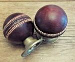 RECLIAMED PAIR OF BRASS & LEATHER CRICKET BALL DOOR  TWIST KNOB HANDEL   #C2
