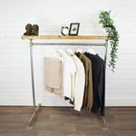 Clothes Rail Heavy Duty With Solid Wood Shelf Free Standing Silver & Brass Metal
