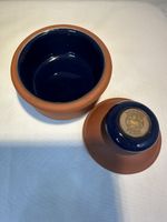 Lidded Butter Press  English Terracotta With Blue Glazed Lining Cow Stamp
