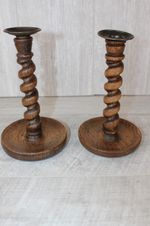 Antique Pair English Oak Barley Twist Candlesticks Hand Turned 8.5" Brass Tops