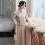 Ladies Top Long Skirt Set Mesh Tulle Lace Splice Wedding Bridesmaid Ethnic Retro