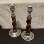 Vintage candlestick holders Oak Barley Twist Chrome Metal Bottoms -Top 22Cm 