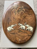 Vintage Oval Wood Inlaid Elephant Plaque Wall Hanging
