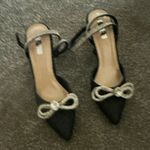 Women’s Black/Silver Strappy Pointed Toe Stiletto Heels Rhinestone Bow 4