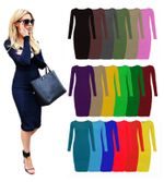 WOMENS LADIES LONG SLEEVE MIDI DRESS STRETCH BODYCON PLAIN JERSEY MAXI PLUS size