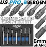 BERGEN Tungsten Carbide Burr Set 7pc 8 & 10mm Heads 6mm Shank Rotary Burr Files