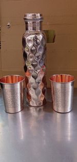 Pure Copper Water Diamond Bottle With 2 Embossed Tumbler Yoga Ayuerved  950+300m