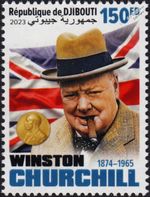 SIR WINSTON CHURCHILL GB Flag & Nobel Prize for Literature Stamp (2023 Djibouti)