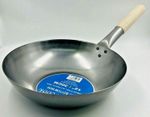 Carbon Steel Wok Deep Chinese Asian Cooking Wooden Handle Stir Fry Pan Flat Pan